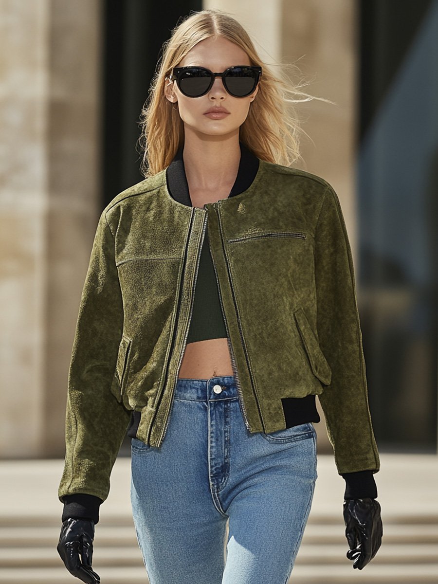 Classic Simple Round Neck Olive Green Suede Short Jacket