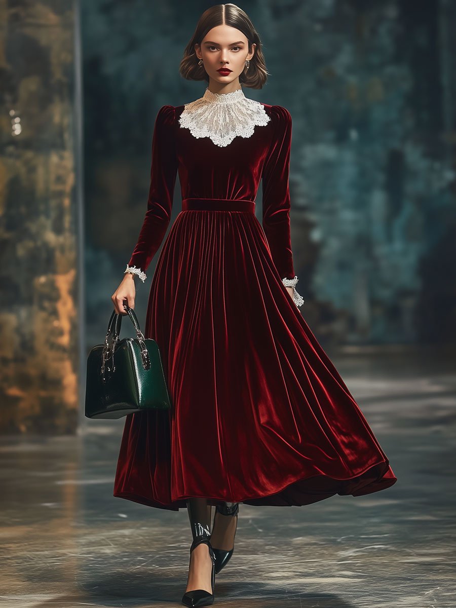 【24-hour shipping】Lace Velvet Stitching Long Sleeve Fashion Party Midi Dress