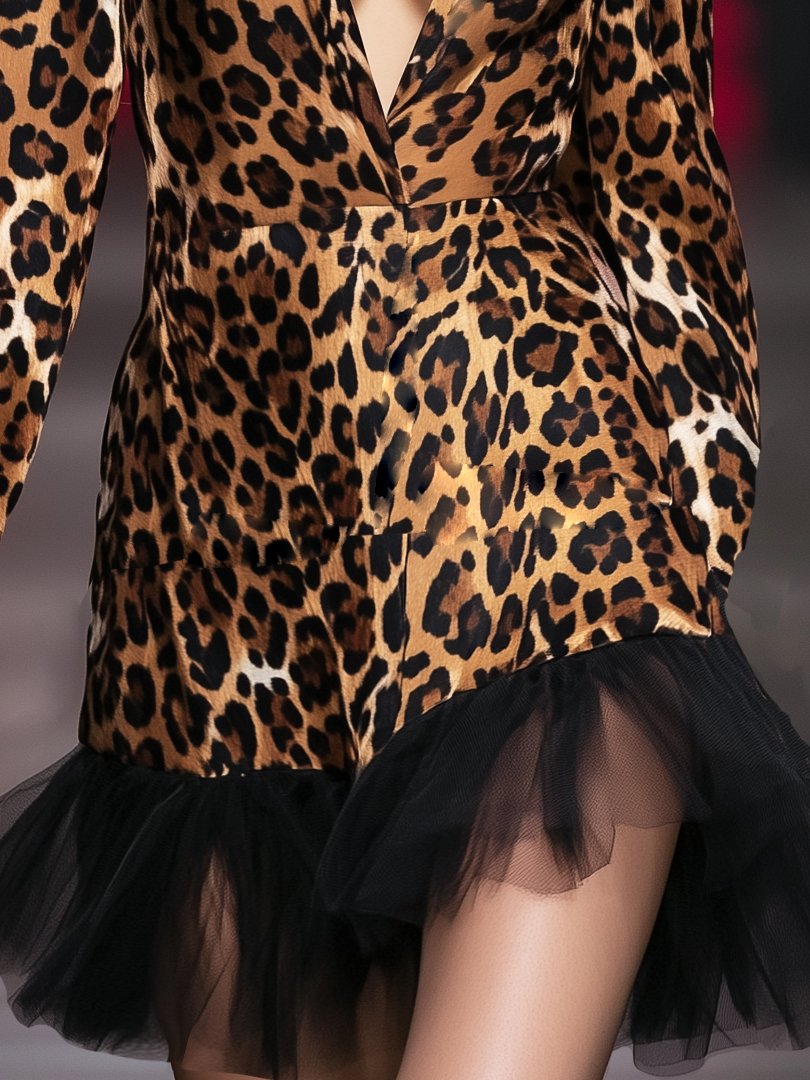 Sexy Mesh Hem Leopard Print Long Sleeve Mini Dress