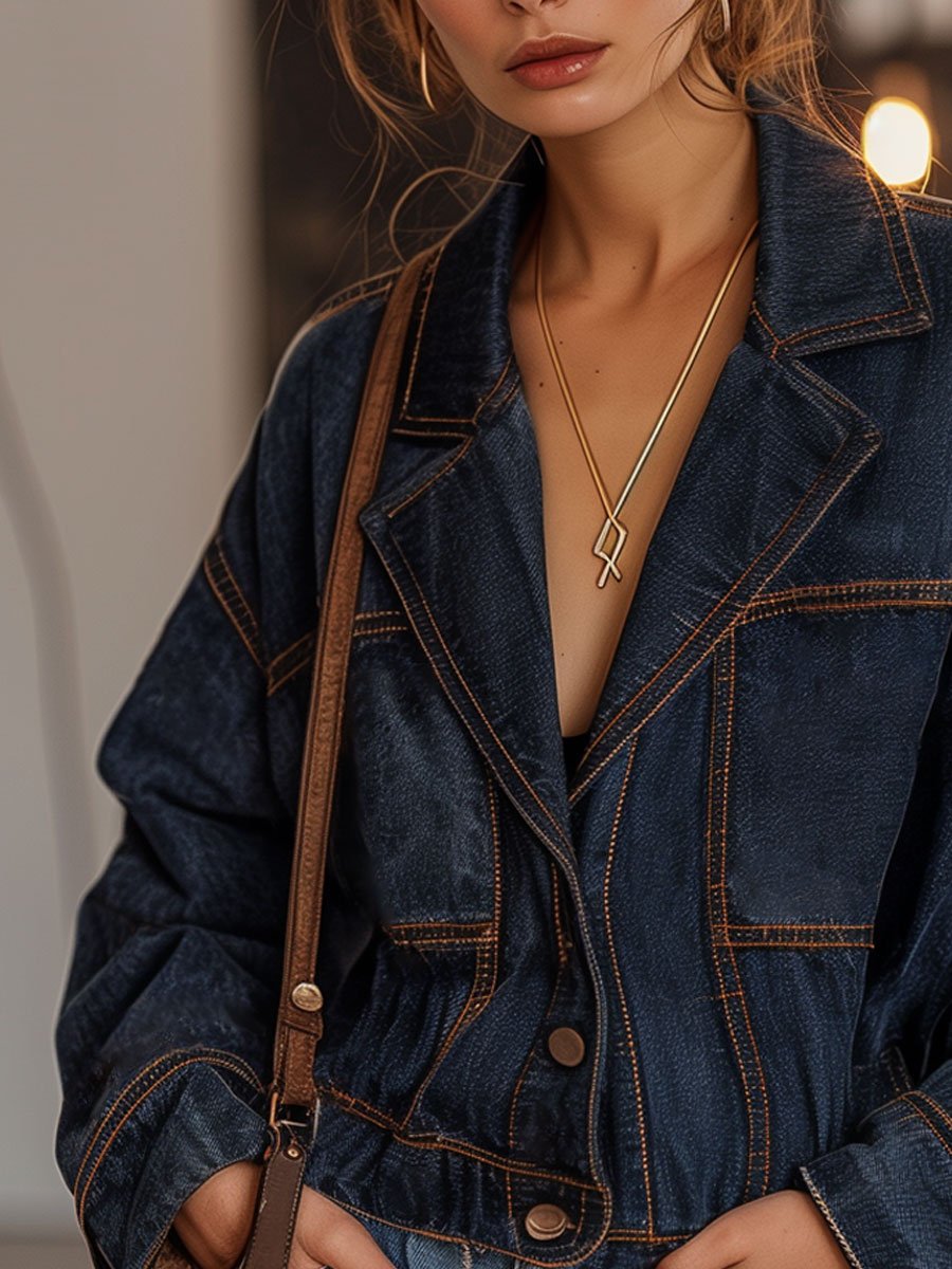 Casual Loose Retro Denim Contrast Line Pocket Blazer