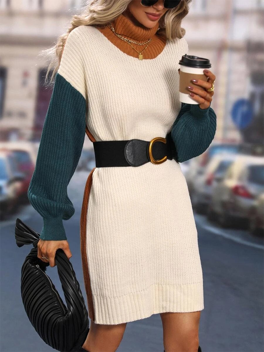 Retro And Fashionable Loose Color Matching Knitted Mini Dress