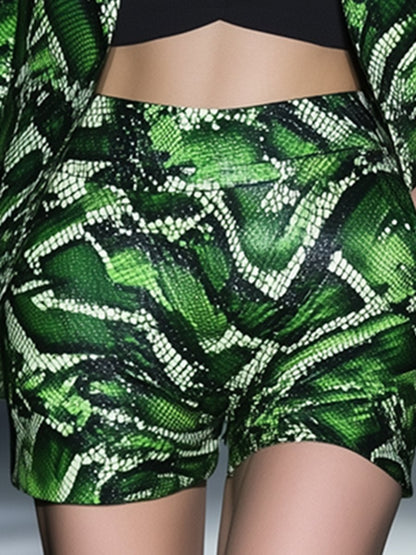 High-End Fashionable Green Snake Print Satin Suit Shorts Set