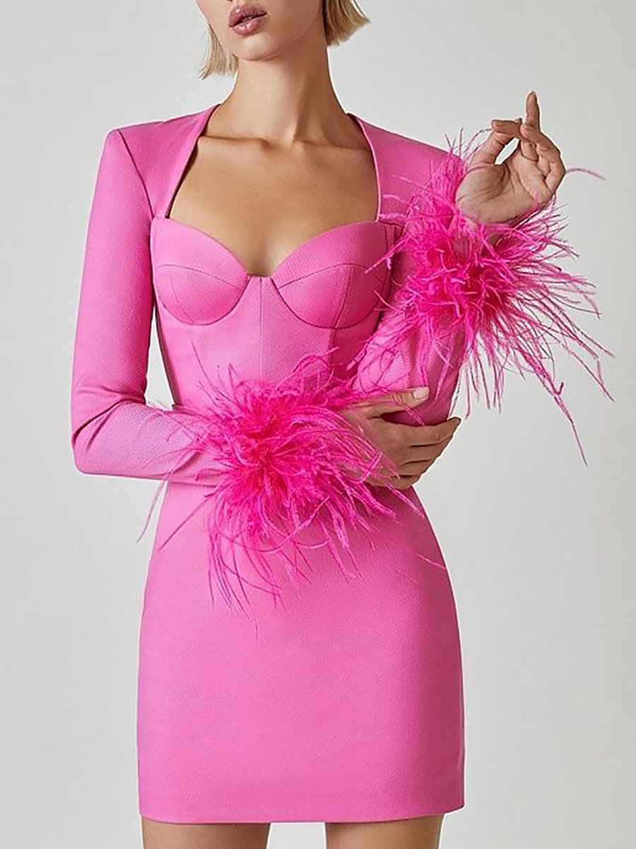 High Fashion Ostrich Feather Paneled Sleeve Barbie Pink Mini Dress