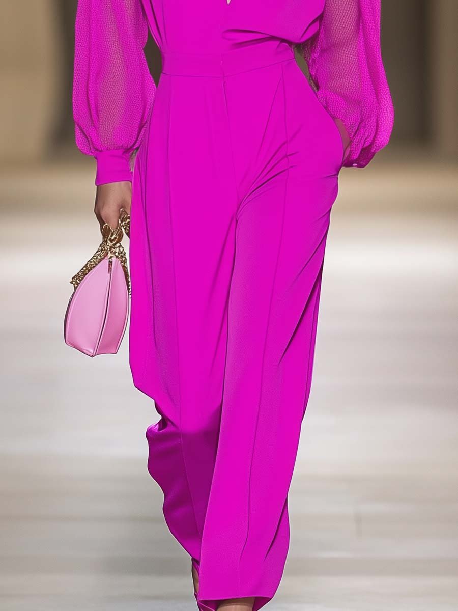 Fashionable Eye-catching V-neck Mesh Sleeve Hot Pink Jumpsuit