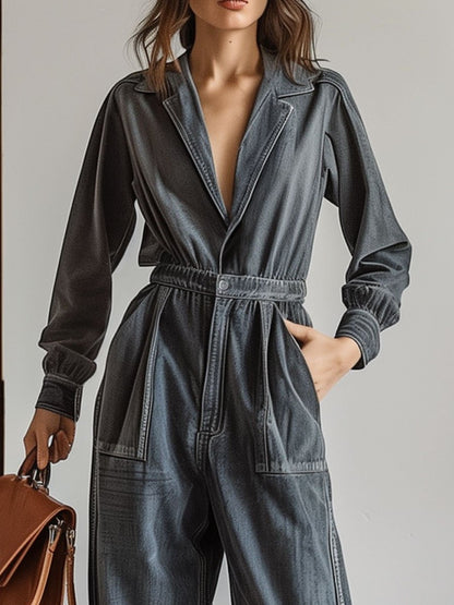 Casual Retro Lapel Elastic Waist Long Sleeve Wide Leg Denim Jumpsuit