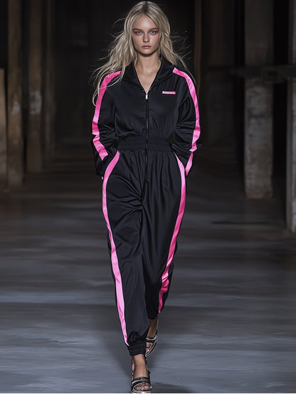 Sporty Stripe Long Sleeve Zipper Jumpsuit