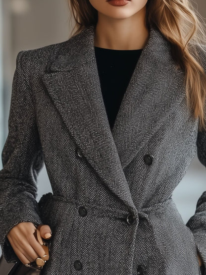 Casual Vintage Wool Herringbone Double-Breasted Suit Coat