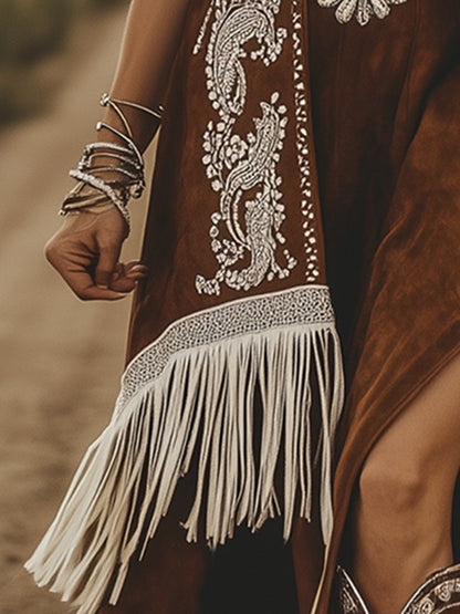 Western Paisley Pattern White Tassel Brown Suede Midi Vest