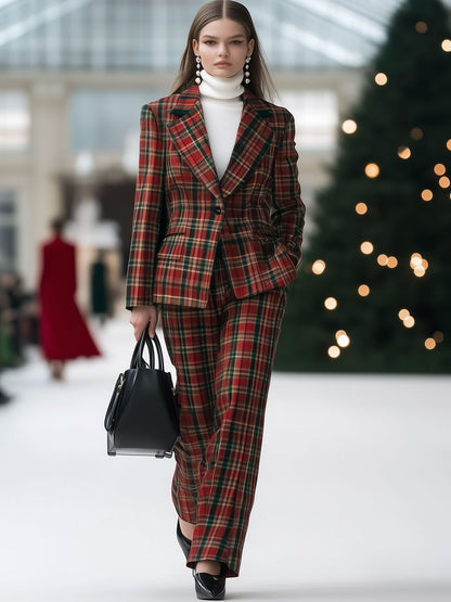 Casual Loose Red and Green Plaid Suit Jacket Wide Leg Pants Set