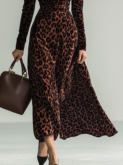 V-Neck Vintage Brown Velvet Leopard Print Long Sleeve Maxi Dress