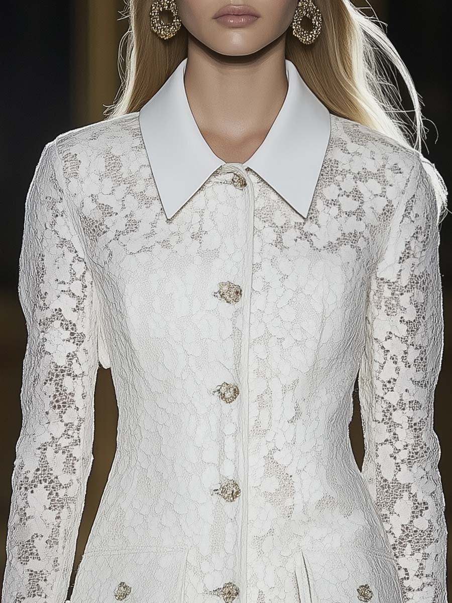 Elegant and Fashionable Lapel White Lace Mini Dress