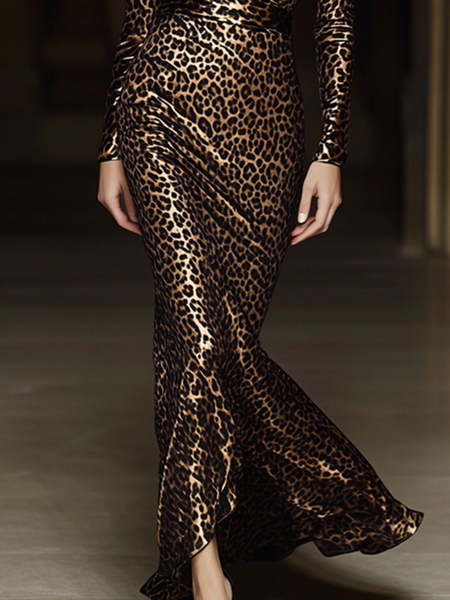 High-End And Elegant V-Neck Leopard Print Satin Dress