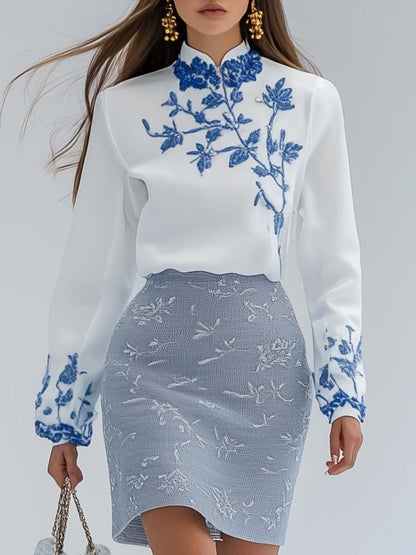 Elegant and Fresh Half-high Collar Embroidered Top and Gray-blue Skirt Set