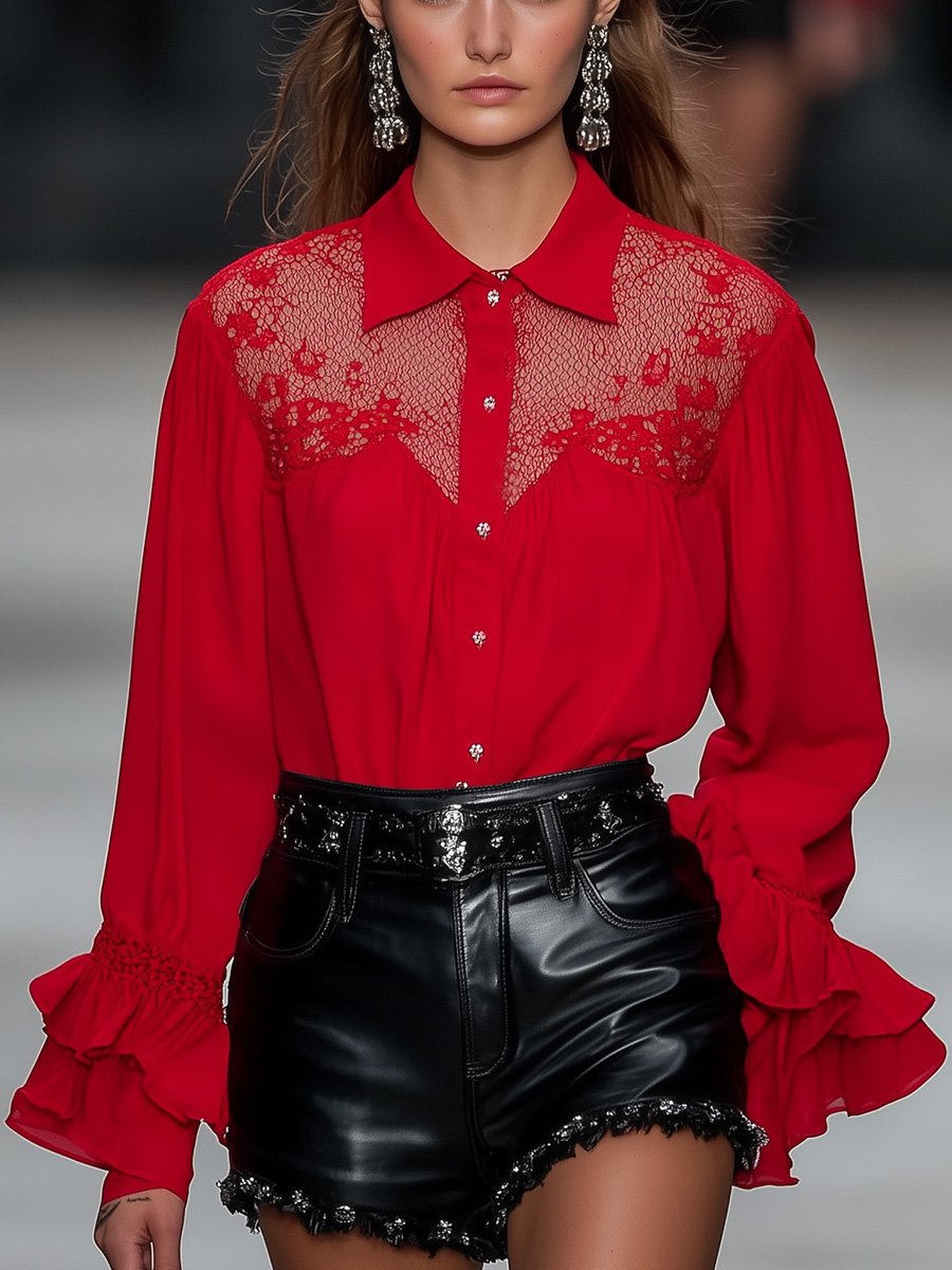 Sexy Eye-catching Chest Lace Stitching Ruffled Cuffs Red Chiffon Shirt