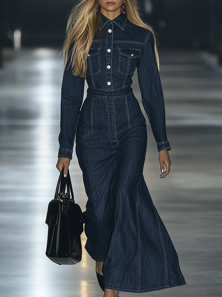 Casual Slim Fit Vintage Lace-up Long Sleeve Denim Maxi Dress