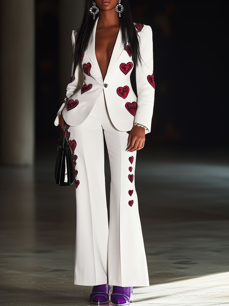 Casual Loose Heart Embroidery White Suit Jacket Flared Pants Set