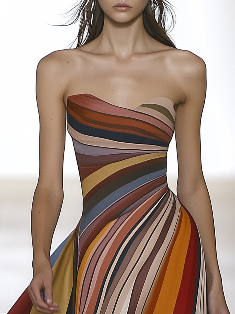 Elegant and Charming Tube Top Color Striped Satin Sleeveless Maxi Dress