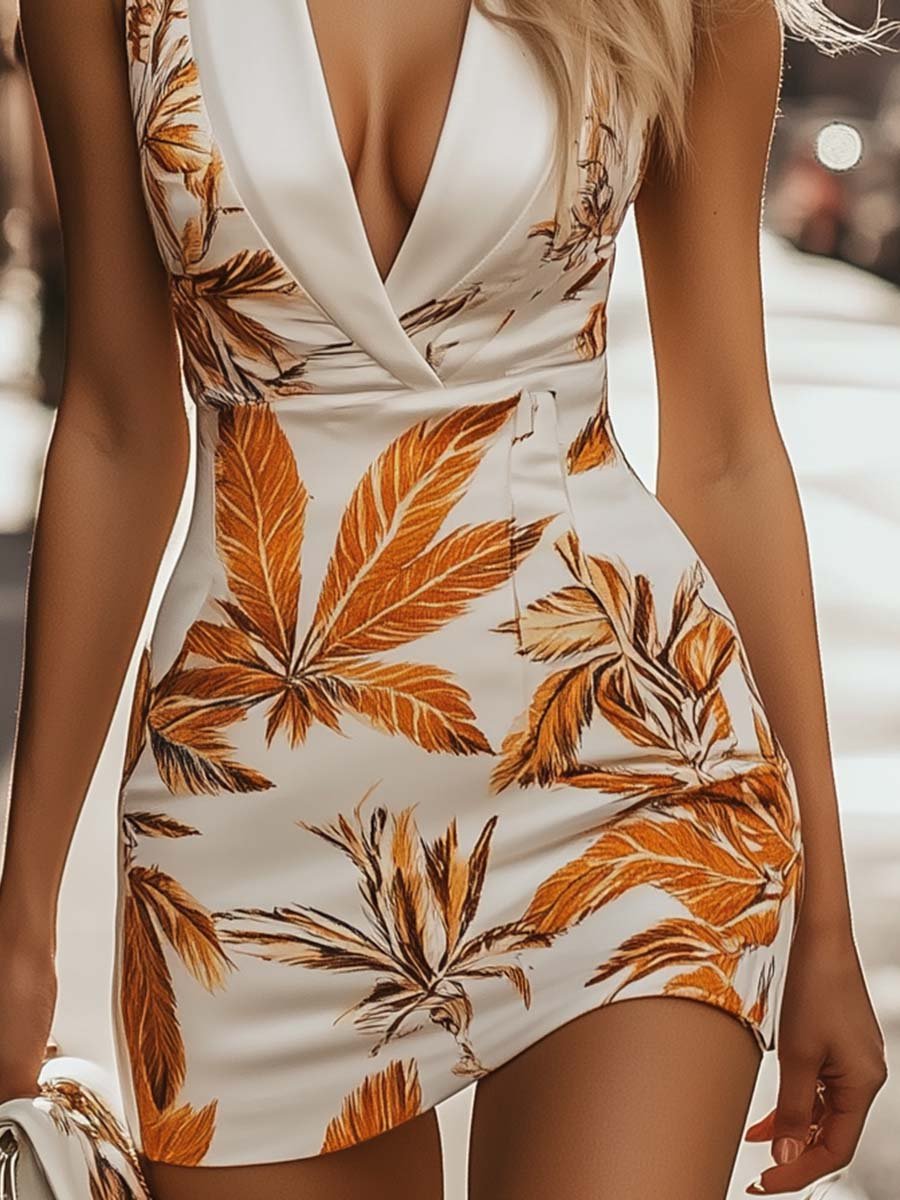 Vibrant V-neck Orange Leaf Silhouette Print Vest Mini Dress