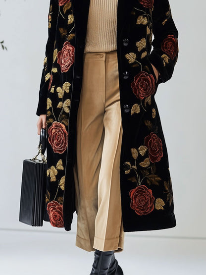 Casual Loose Vintage Velvet Rose Print Pocket Long Coat