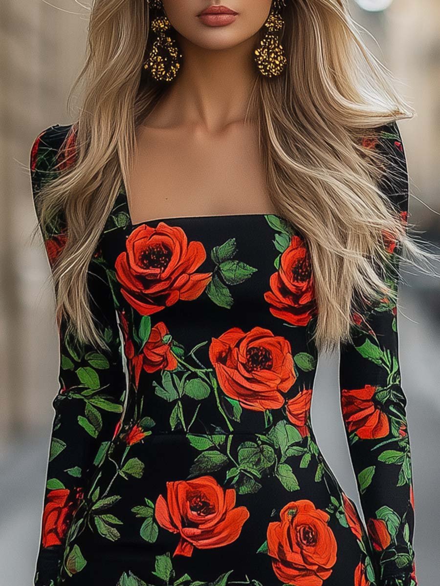 Fashion Romantic Square Neck Rose Print Mini Dress