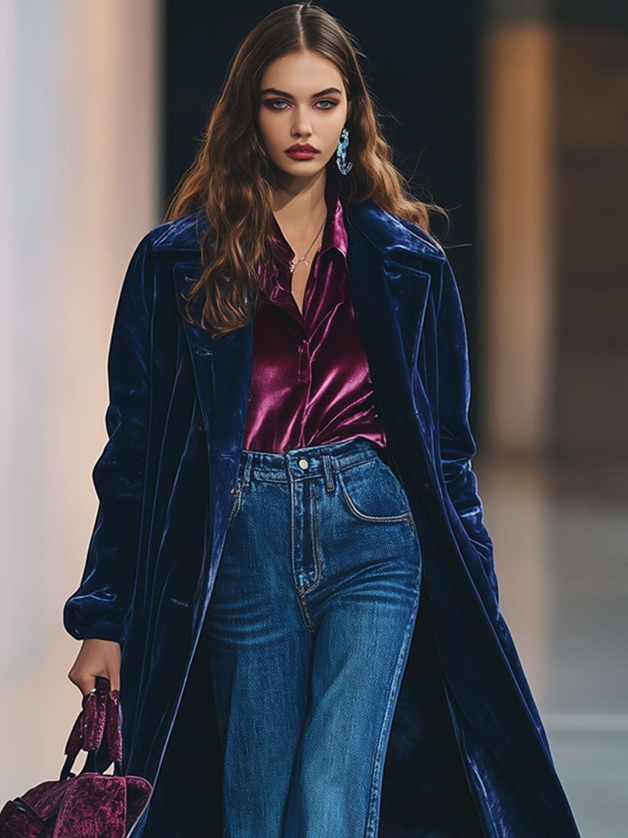 Casual Loose Retro Velvet Single-Breasted Lapel Long Coat