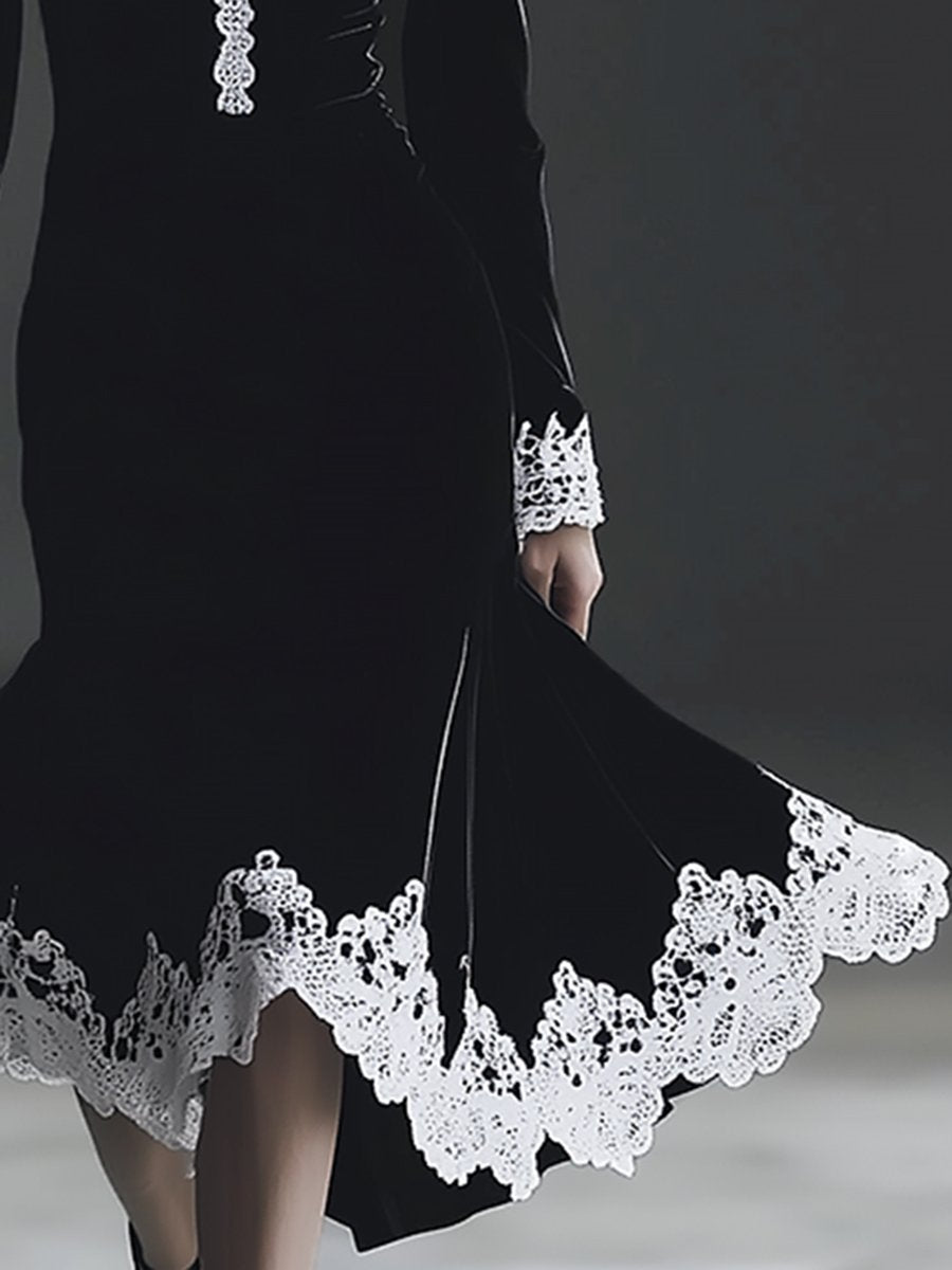 High-End Fashion V-Neck Lace Black Velvet Midi Dress