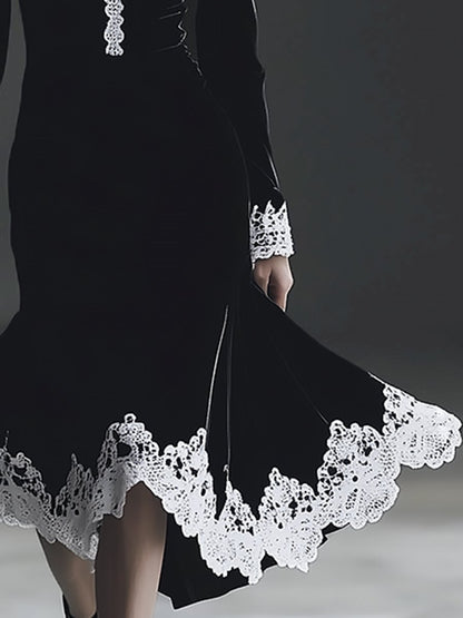 High-End Fashion V-Neck Lace Black Velvet Midi Dress