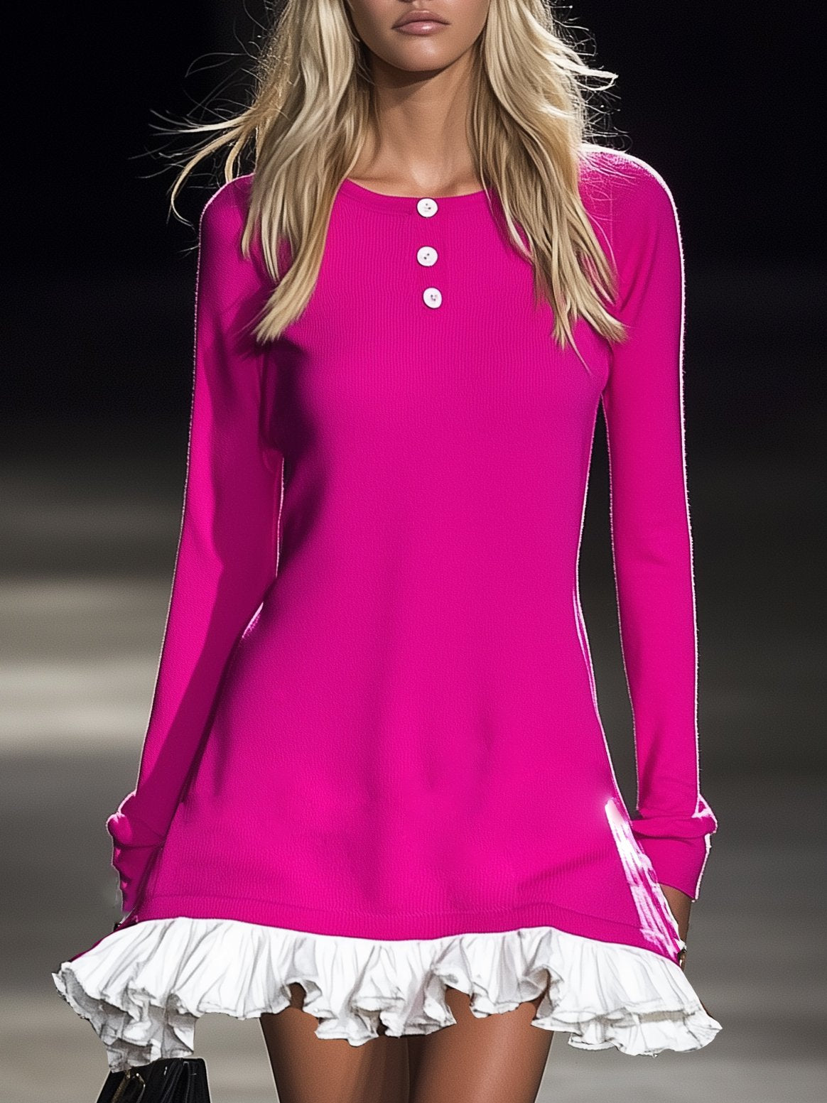 Lively Pink Ruffle Hem Long Sleeve Mini Dress