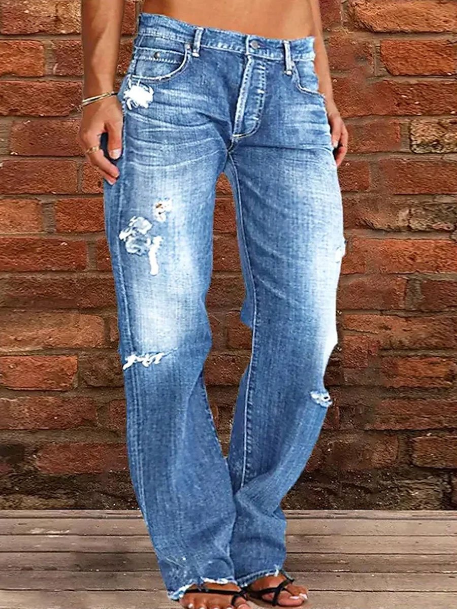 Loose Casual Pocket Elastic Waist Vintage Ripped Jeans