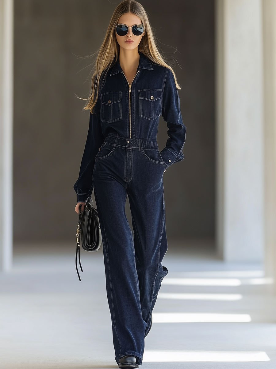 Casual Loose Vintage Denim Multi-Pocket Zipper Lapel Jumpsuit