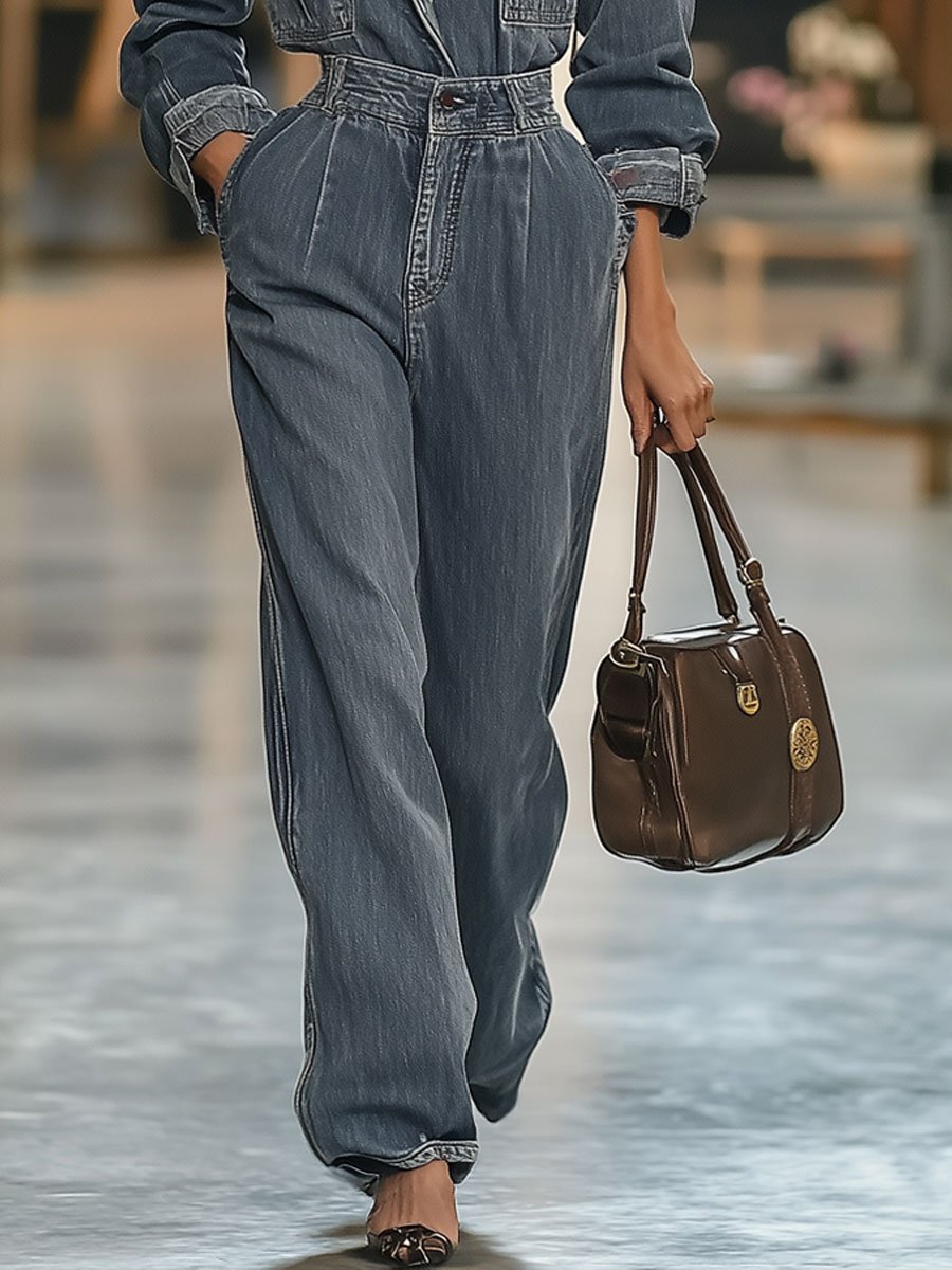 Casual Retro Loose Multi-Pocket Long Sleeve Denim Jumpsuit