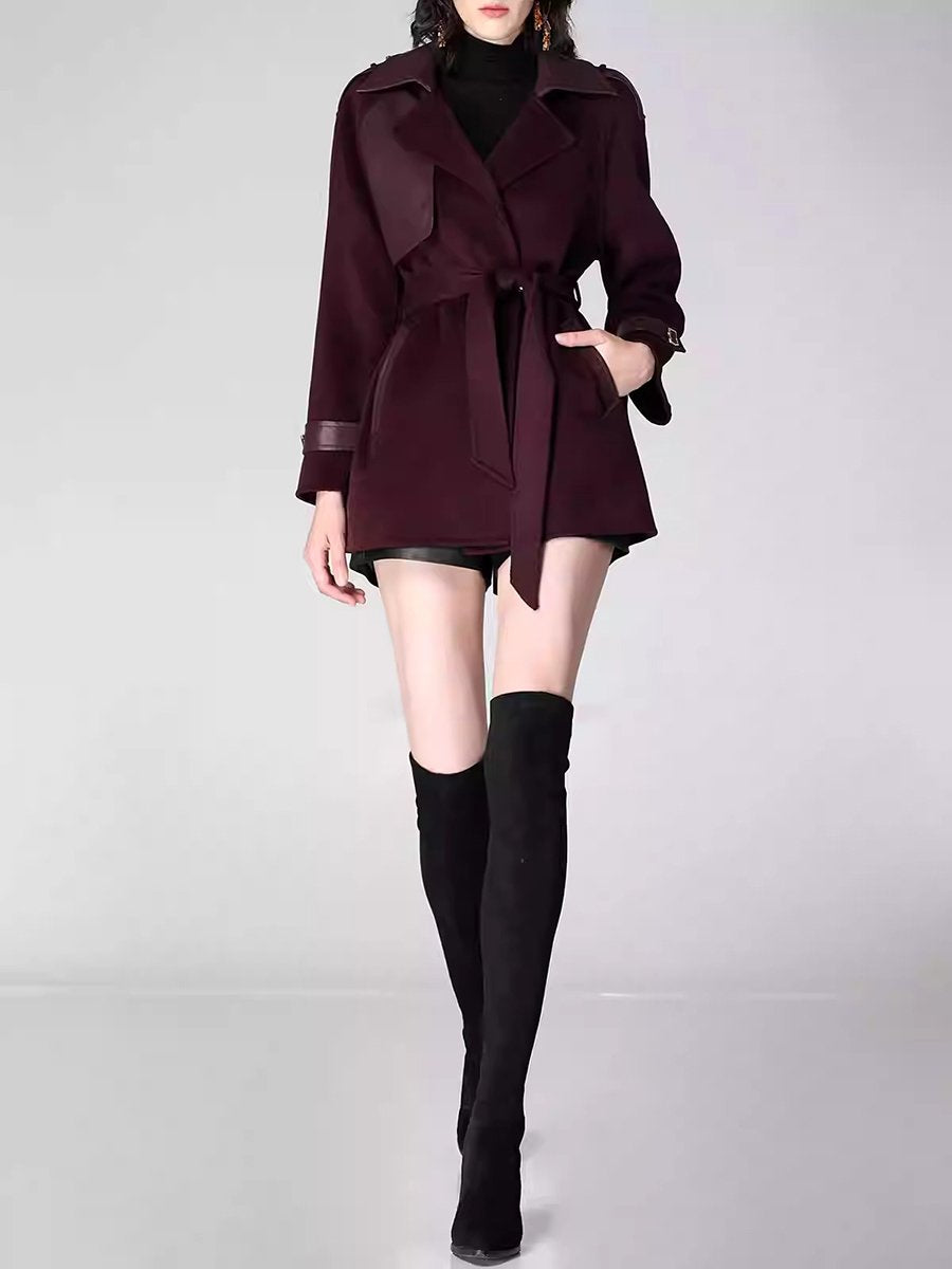 Retro And Fashionable Loose Leather Stitching Lace-Up Mid-Length Woolen Coat