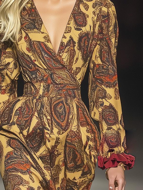 Holiday Paisley Print Long Sleeve Maxi Dress