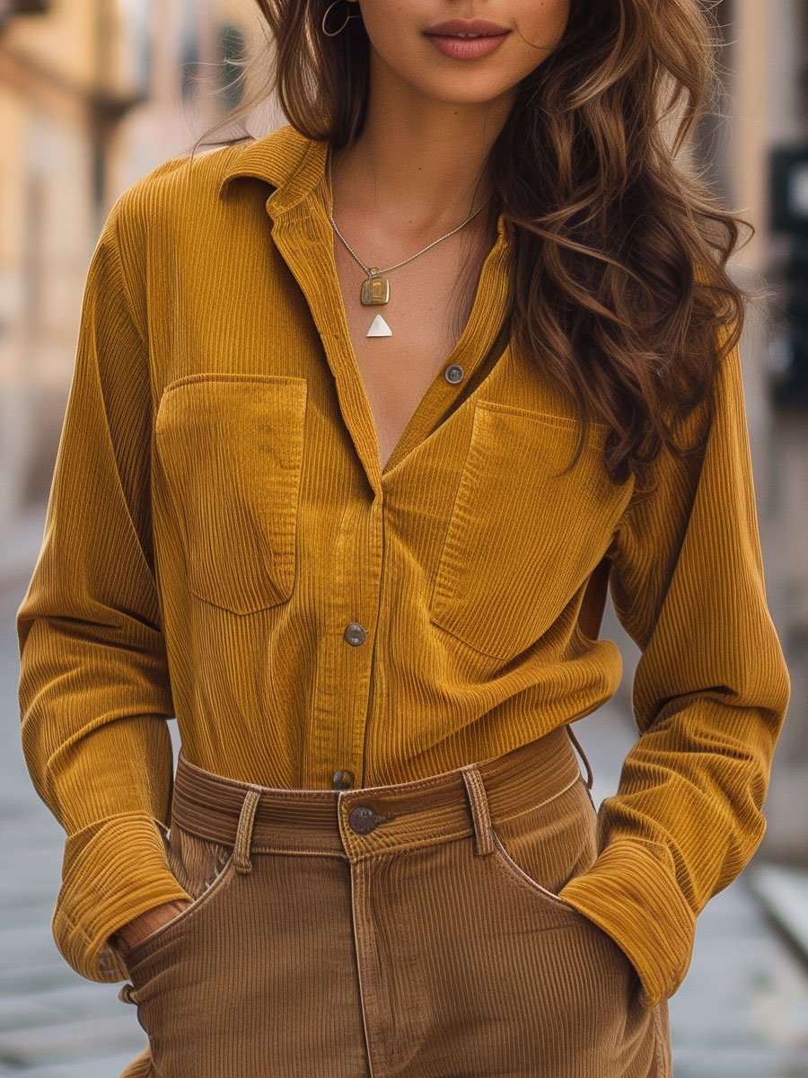 Casual Loose Vintage Pocket Corduroy Long Sleeve Blouse