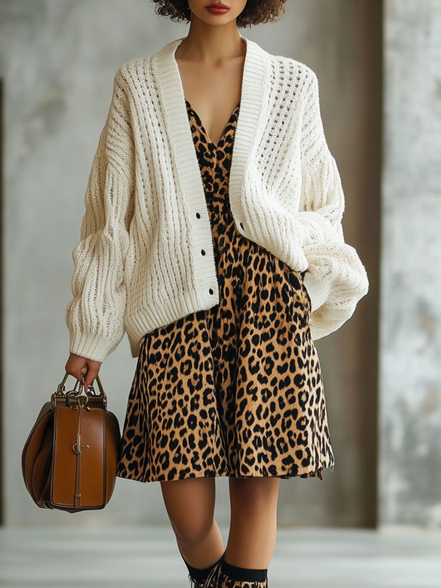 V-Neck Casual Loose Solid Color Hollow Knitted Cardigan