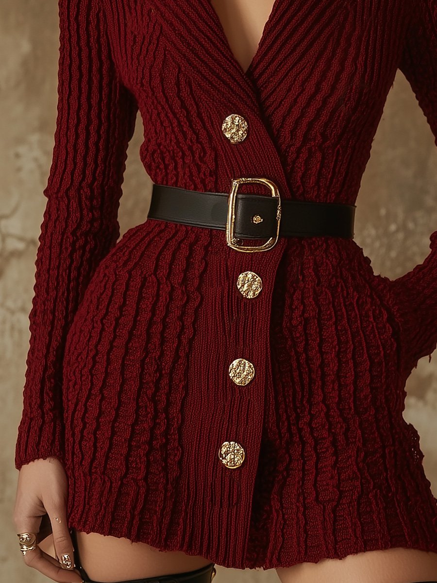 Retro Simple V-neck Decorative Button Burgundy Knitted Mini Dress