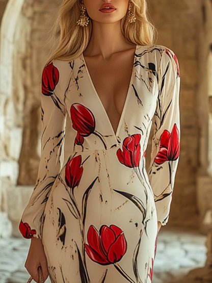 Elegant and Romantic V-neck Slit Tulip Print Maxi Dress