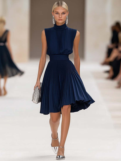 Elegant Half Turtleneck Sleeveless Pleated Navy Blue Midi Dress