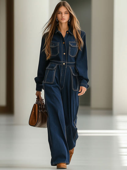 Casual Loose Retro Navy Blue Denim Multi-Pocket Long-Sleeved Jumpsuit