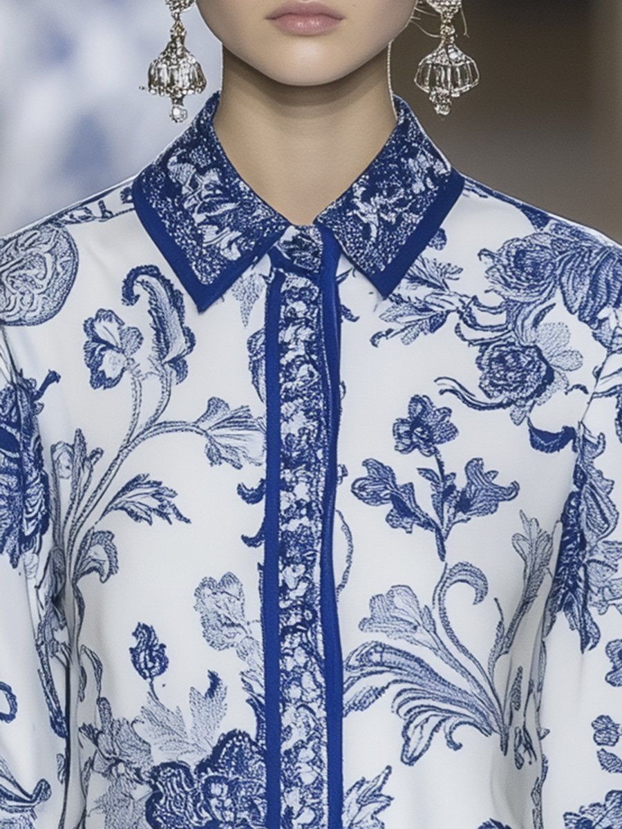 Elegant Blue and White Porcelain Print Satin Long-sleeved Shirt