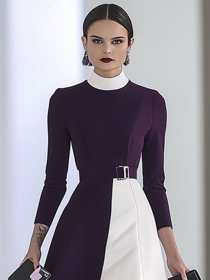 Fashion Retro Commuter Purple And White Stitching Long-Sleeved Midi Dress