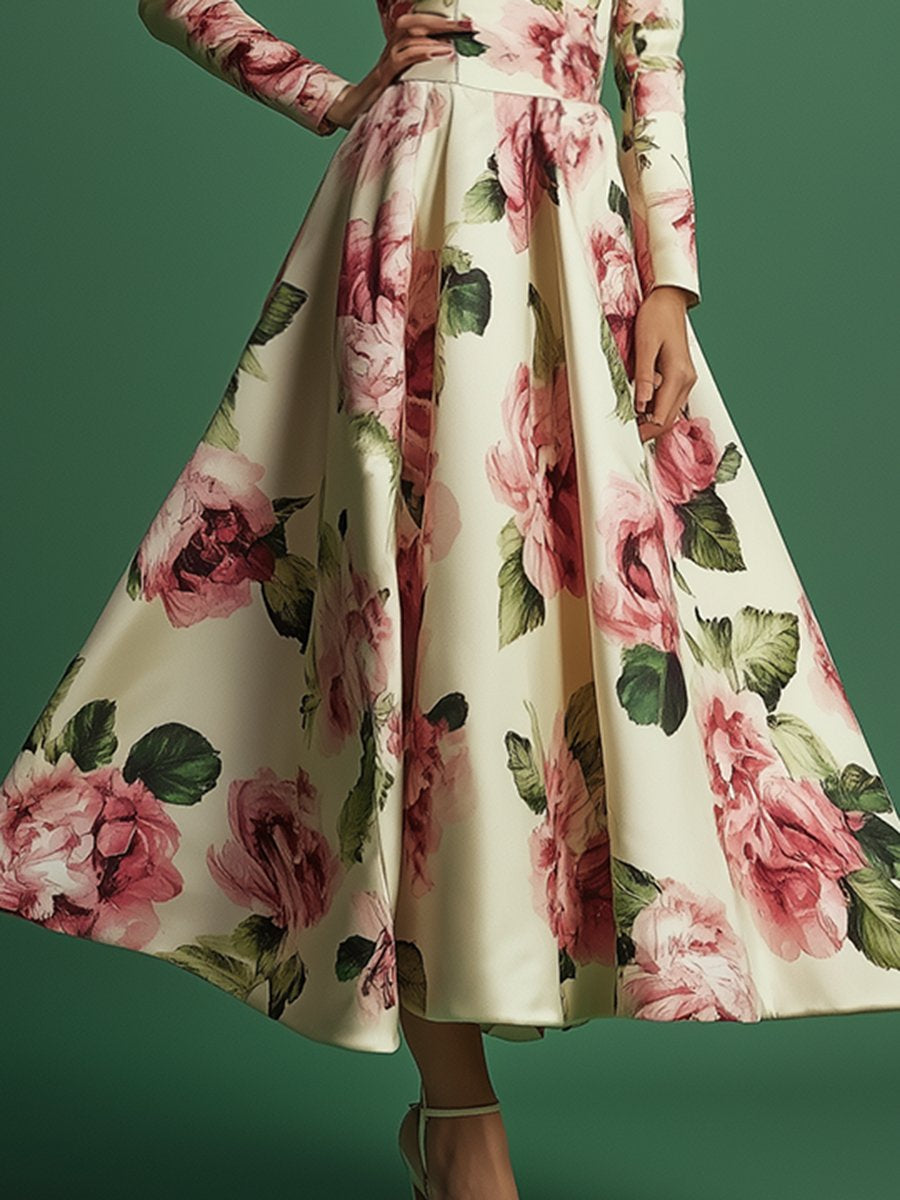 Retro Elegant Floral Print A-Line Midi Dress