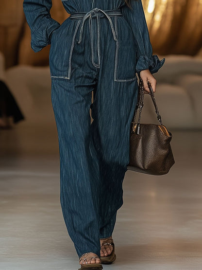 Casual Retro Belted Contrasting Color Stitching Long-Sleeved Denim Jumpsuit