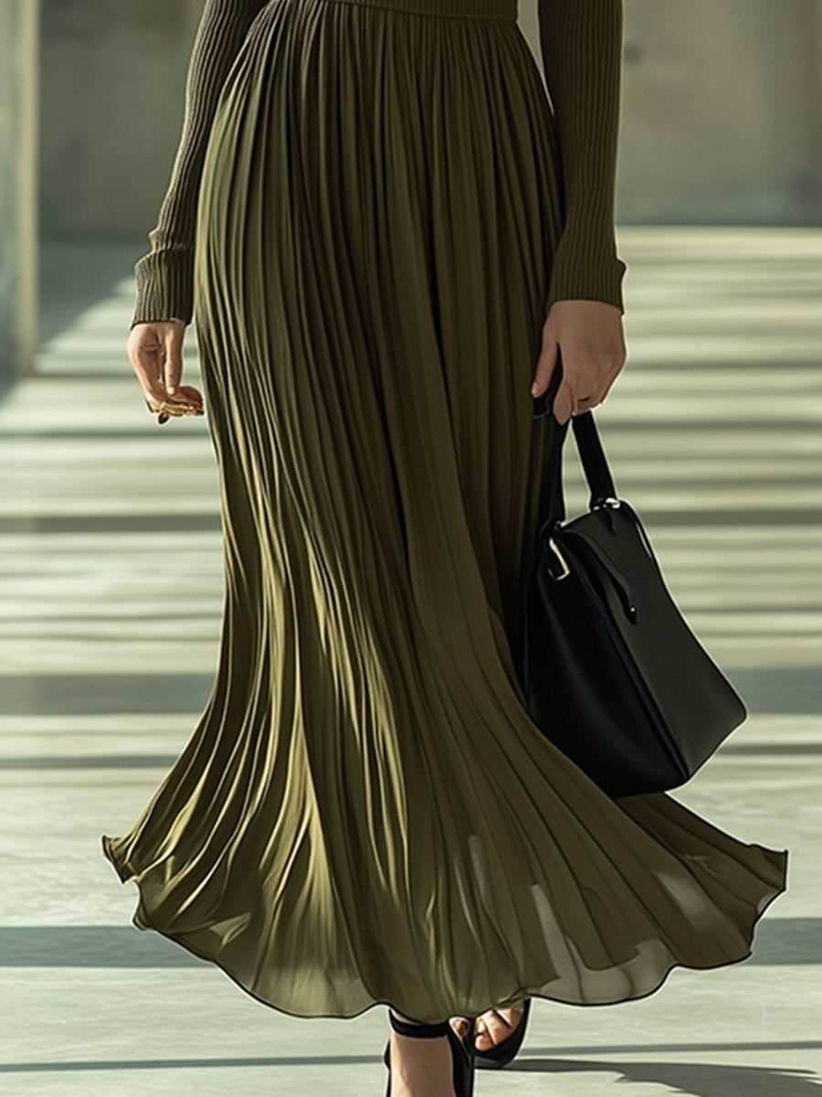 High-End Temperament Waist V-Neck Green Pleated Hem Elastic Slim Long Dress