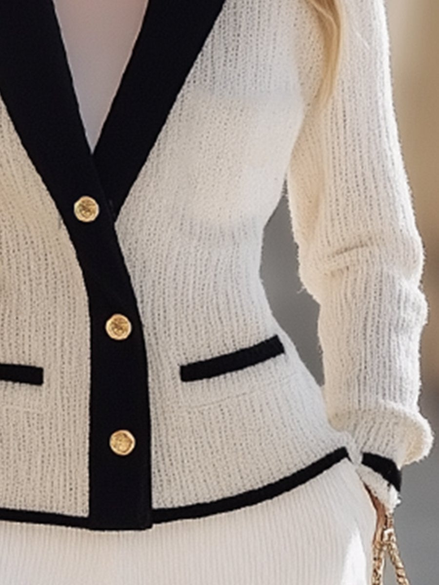 High-End And Elegant Slim-Fit Contrast Lapel Knitted Sweater