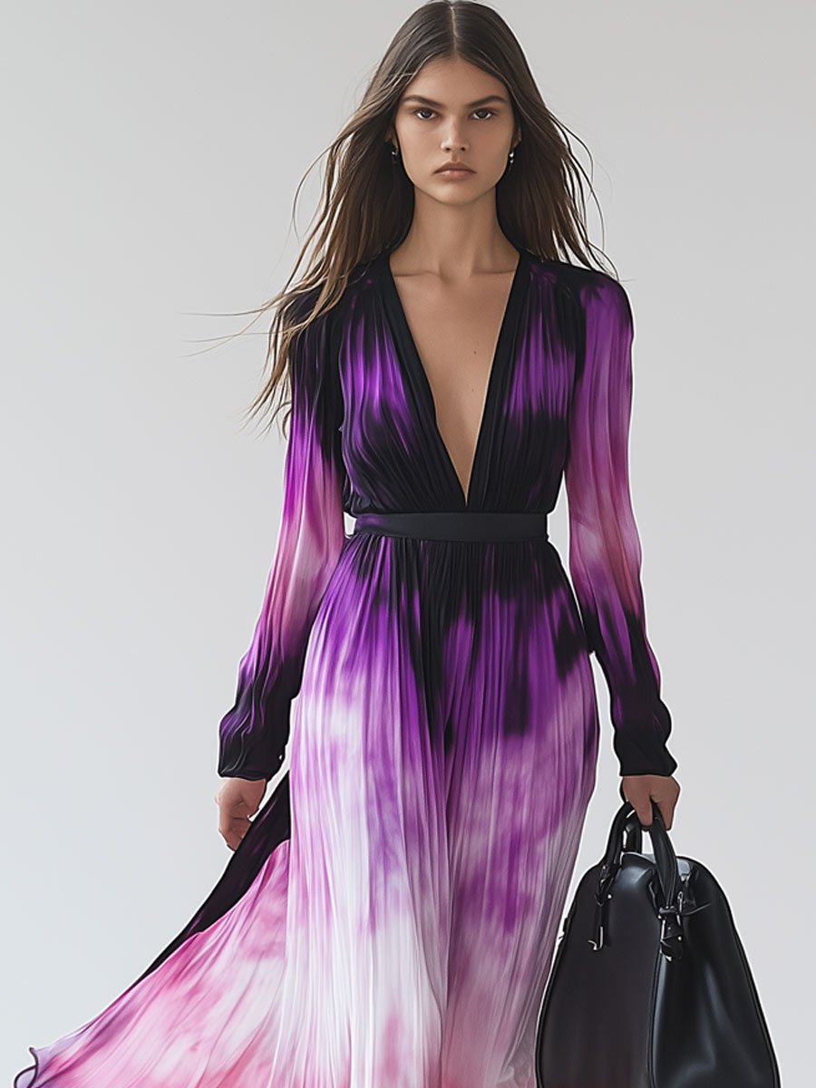 Fashion Holiday Pink And Purple Tie-Dye Pleated V-Neck Long-Sleeved Maxi Dress