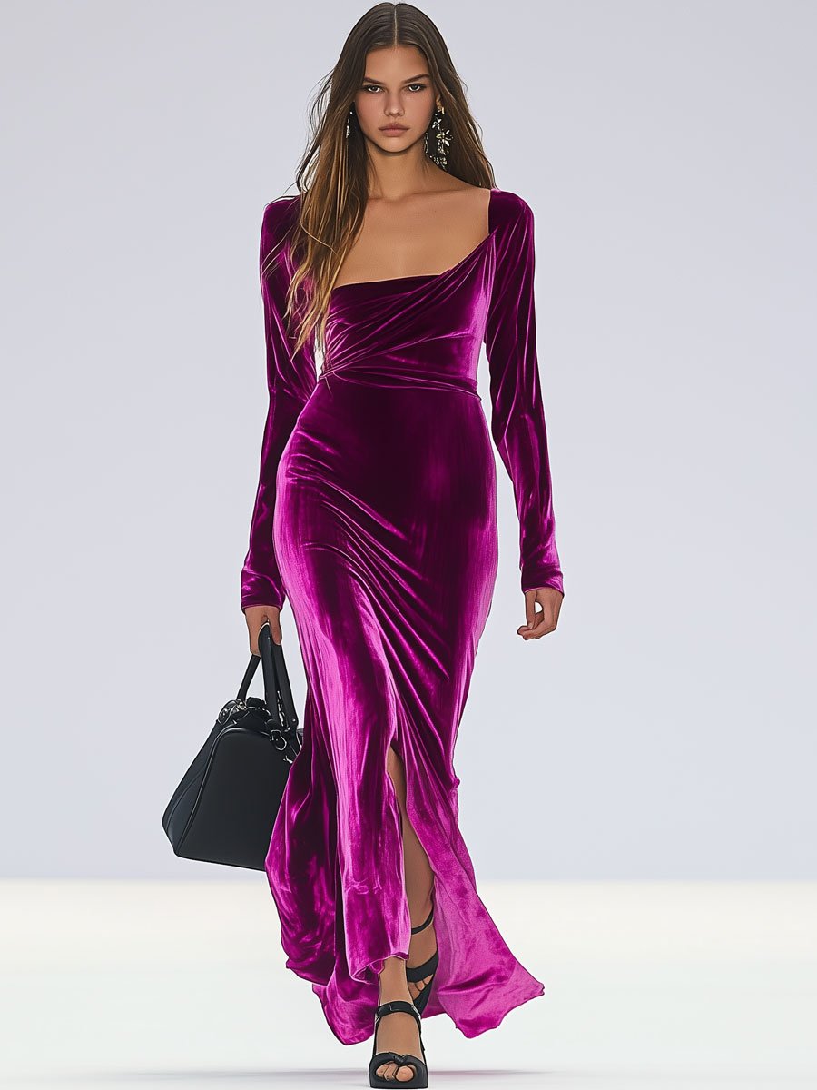 Fashion Retro Pink Velvet Irregular Collar Hem Slit Long Sleeve Maxi Dress