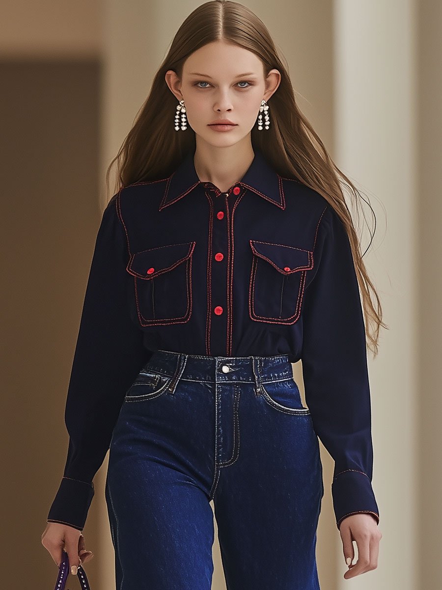 Casual Loose Retro Red Topstitched Blue Denim Long Sleeve Blouse