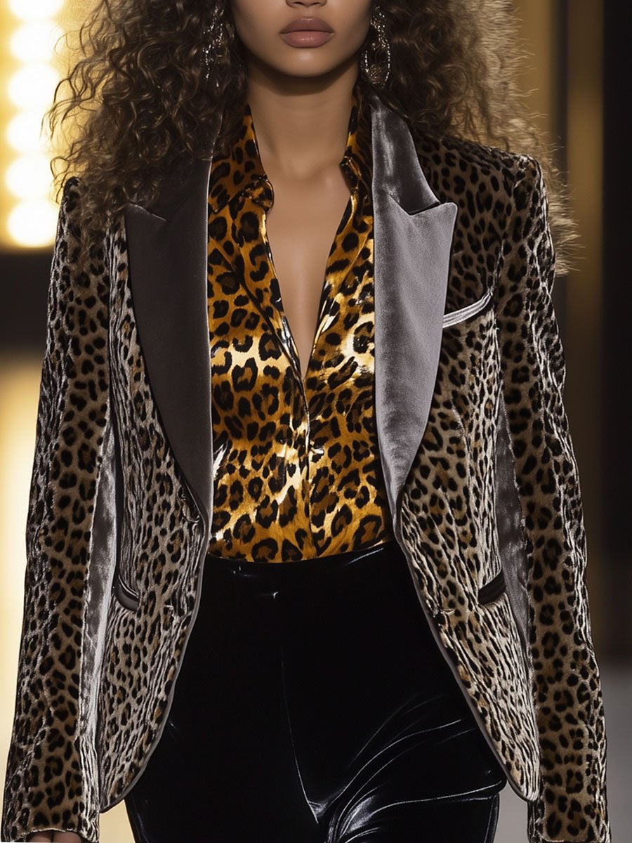 Casual Loose Vintage Velvet Leopard Print Colorblock Lapel Blazer