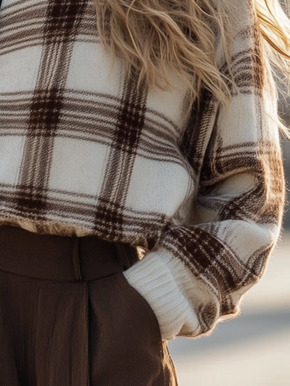 Retro Fashion Casual Loose Plaid Turtleneck Knitted Sweater